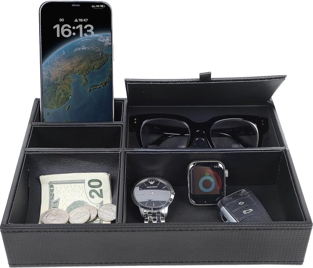 Zcaukya Men’s Valet Tray, Jewelry Box Nightstand Organizer with 5 Compartments for Phone Keys Wallet Watch Glasses, Faux Leather Dresser Entryway Catchall Holder for Father’s Day Gift (Black)